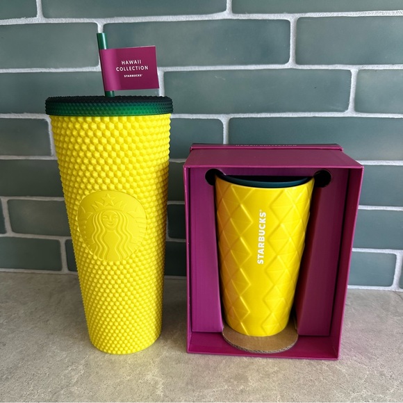 🆕 Starbucks Hawaii Exclusive Yellow & Green Stud Tumbler + Ceramic Mug w/Lid